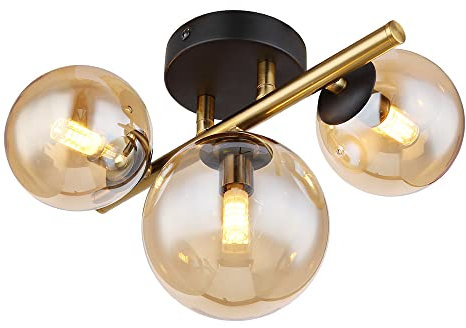 Deckenleuchte Wohnraum Deckenlampe Design schwarz messing Kugellampe Glas LED Wandleuchte Innen, Glaskugel amber, 3 flammig G9, 3x 3,5W 350 lm, 3000K, LxBxH 28x21x19 cm