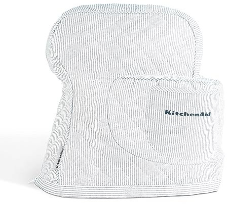 KITCHENAID Fitted Tilt-Head Ticking Stripe Stand Mixer Cover with Storage Pocket, Quilted 100% Cotton, Ink Blue, 14.4x18x10