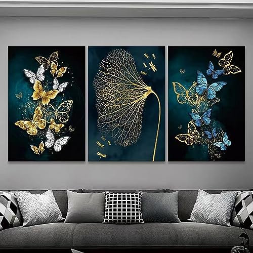 Nordic Gold Blue Butterfly Leaf Gilt Bild Poster Moderne Wandkunst Leinwand Malerei Kunst Gang Wohnzimmer Schlafzimmer Dekor Wandbild 60 x 85 cm (24 x 34 Zoll) x 3 Innenrahmen