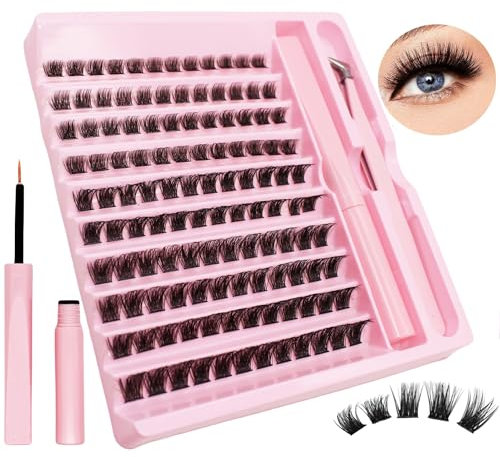 Selawasty DIY Lash Extension Kit 120pcs Individual Eyelash Extension Kit D Curl Cluster Lashes Individual Eyelashes with Lash Glue Lash Applicator DIY Lash Extensions at Home (Kit-1-0.07D-8-16Mix)