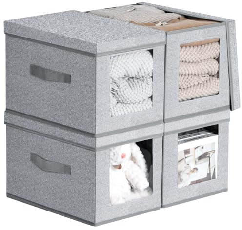 DIMJ 4 Pack Storage Boxes with Lid, Large Foldable Storage Bins with Transparent Window Fabric Storage Basket with Handle, Wardrobe Storage Organiser for Clothes, Toys, Books, Closet