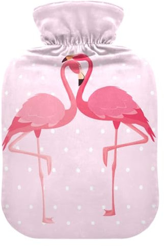 Wärmflasche mit rosa Flamingo-Vögeln, gepunktet, weich, warm, für Winter, Bett, Hand, Hals und Schultern, 2 l