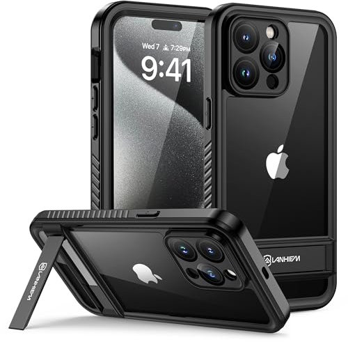 Lanhiem iPhone 15 Pro Max Case with Stand, IP68 Waterproof Dustproof Shockproof Kickstand Case with Screen Protector, Full Body Protective Cover, 6.7 inch (Black)