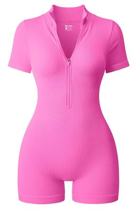 OQQ Damen-Strampler, gerippt, kurze Ärmel, Reißverschluss vorne, Stretch, Bauchkontrolle, Yoga, Workout, Rose, S