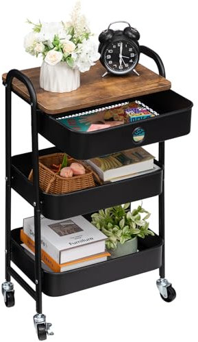 DOEWORKS Rollwagen 3-Etagen Aufbewahrungswagen Küchenwagen mit Schublade, Metall Servierwagen Utility Cart Organizer Wagen mit Rädern für Zimmer Make-up Badezimmer Büro, Schwarz