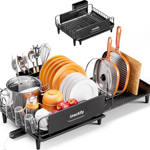 Urackify Dish Drainer Rack, Dish Rack, Expandable(14.5 - 25.3 ) Draining Board Rack, Kitchen Drying Rack with Utensil Holder, Cups Holder for Countertop, 1 Piece Black