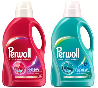 PERWOLL Flüssig-Set 2x 27 Waschladungen (54WL) 1x Color & 1x Sport, Feinwaschmittel erneuert Farben und Fasern & Hygiene Waschmittel, entfernt schlechte Gerüche & erhält die Elastizität