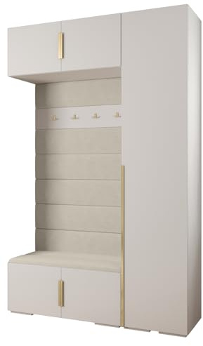 MEBLE KRYSPOL Inova 1 Möbelset - Moderne Garderobe - für Schlafzimmer, Wohnzimmer, Flur, Kinderzimmer - Ankleidemöbel - 236,7x150x47cm - Weiß, Paneele Manila 02, Handgriff Gold