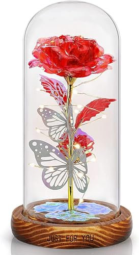 REWIAR Rose Eternelle sous Cloche Cadeau Femme - Rose eternelle avec Lumière LED - Saint Valentin Rose Galaxie de Lumineuses pour Elle, Fête des mères, Noël et Un Anniversaire (Rose/Bois)
