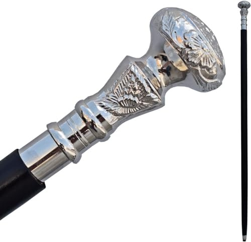 Vintage Gehstock aus Holz, silberfarbener Messinggriff, schwarzer Holzschaft, viktorianischer Gehstock, ausgefallener Gehstock für Männer und Frauen, dunkler Schattenstock (Silber-Schwarz)