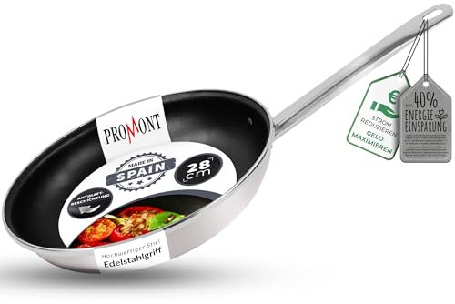 ProMont Energiesparpfanne 28 cm Einsparung bis zu 40% - Emaillierter Stahl, Antihaft Beschichtung innen, sehr leicht zu reinigen, Taupe Pfanne für alle Herdarten Spülmaschinenfest Edelstahlgriff