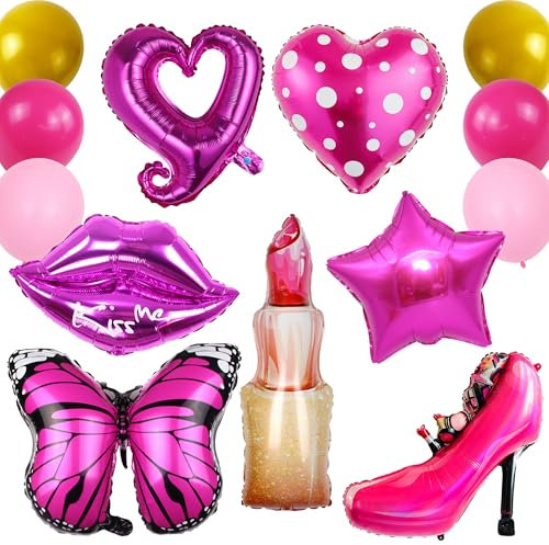 Spa Party Deko Ballons - 13 Stück Pink Fashion Cosmetic Luftballons, Lippenstift, Rote Lippen, Herzen, Sterne, Schmetterling Heliumballon für Mädchen Geburtstags, Engagement, Hochzeit, Karneval