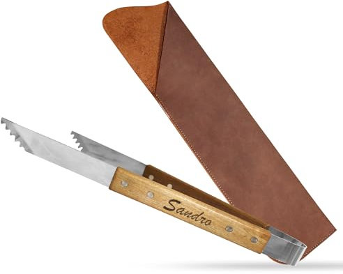 Mit Namen personalisierte Grillzange aus Akazienholz Edelstahl, mit Gravur, personalisiert als Grillgeschenk für Männer, für Papa (Grillzange mit Tasche und Gravur)