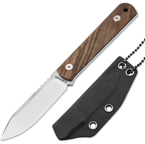 BÖKER SOLINGEN® BFF Packlite Walnuss – EDC Neck Knife mit feststehender 6,5 cm Klinge – Skelett-Messer extra leicht mit Holz-Griff - Halsmesser handgemacht mit Kydex-Scheide – Made in Germany