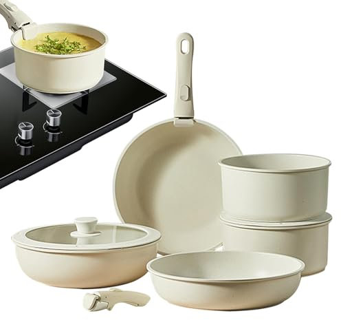 Gourmetific Cookware Set, Nonstick Cookware Set, Cream White Cookware, Versatile Safe Pots and Pans Set Frying Pans with Detachable Handle for Easy Cooking (5pcs, 9pcs)