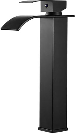 Sistaby Basin Mixer Taps Tall Black Bathroom Sink Tap Mixers Waterfall Countertop High Square Cloakroom Faucet Monobloc Stainless Steel with G1/2’’ Hoses Mono 1 Hole