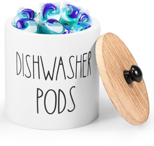 VAVPUP Dishwasher Pod Holder with Lid,Stylish DishwasherTablet Container Wide Opening Dishwasher Pod Storage Round Shape Dishwasher Pod Canister wood Dishwasher Pod Organizer for Home (White)