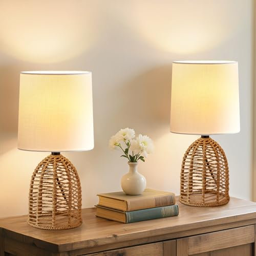 GyroVu Nachttischlampe 2er Set Rattan, Boho Tischlampe, E27 Fassung, Kleine Lampen für Räume Schlafzimmer Nachttisch Tischleuchte Wohnzimmer Lesepult Beistelltischlampe