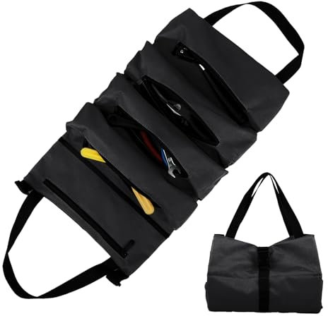 Borsa per Attrezzi Arrotolabile, Tasca Porta Attrezzi - Borsa Portautensili con 5 Tasche con Cerniera - Per Elettricisti, Idraulici, Falegnami, Uso Domestico, Auto e Moto (Nero)
