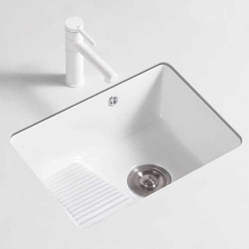 QTQHOME Unterbau Einzelschüssel Waschbecken, Keramik große Kapazität vertieft Bauernhaus Waschbecken mit ausziehbarem Wasserhahn und Waschbrett (20,4 x 15,7 Zoll, Weiß)