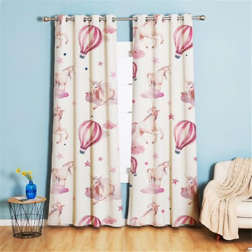 Koudi Tende a forma di unicorno, rosa, con motivo a stelle, occhielli, con tenda oscurante a mongolfiera, per cameretta dei bambini, camera da letto, finestra oscurante, 2 pezzi, 160 x 132 cm (altezza