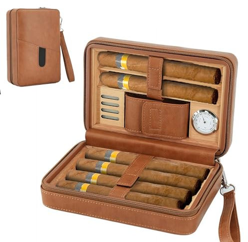 NAUXIU Tragbare Zigarren-Humidor-Reise-Box, Zedernholzfutter, Leder, Zigarrenetui, Kapazität 6 Stück, integriertes Hygrometer und Luftbefeuchter, Zigarrenhalter, tragbares Reise-Zigarren-Humidor-Set