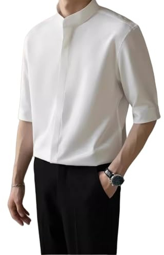 BCSRVCE Chemises Habillées À Manches Courtes en Satin De Soie pour Hommes, Mode, Double Patte De Boutonnage, Boutons Cachés, sans Repassage, Col Officier, Hauts Décontractés D'Été pour Mariage, Trava
