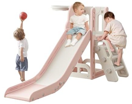 Toddler Slide,Kids Climber Slide with Storage Space and Non-Slip Steps,Indoor Outdoor Playset with Basketball Hoopa and Telescope,Slide for Toddlers Age 1-3 (Pink)