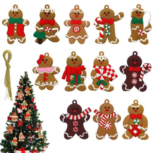 YUZHEDM 12 Stück Lebkuchenmann Christmas Ornaments, Weihnachtsbaum Deko, Weihnachtsbaum Anhänger, Weihnachtsschmuck, Passend für Christbaum, Geschenktüte, Weihnachtskranz, Tür und Fenster
