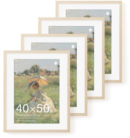 LIVINGTASTE Bilderrahmen 40x50 cm Eiche Natur mit Acrylglas Front, 4er Set mit Passepartout für A3 (29,7x42 cm), ideal für Galerie Ausstellung, Studio Dekoration, Kunstdrucke (16x20 Zoll)