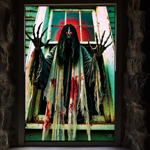 LETSHOLD Halloween Deko Gruselig Fensterbilder, Horror Deko Fenster Vorhang, 120 x 80cm Gruselig Fensterdeko für Halloween Karneval Innen Outdoor Garten Haustür (A)