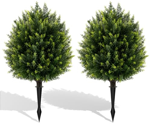 COSTWAY 2er Set Kunstpflanze 61cm, Zypresse Kugelbaum mit Erdspieß, Zedern Kunstbaum mit Topf, Künstliche Dekopflanze Grünpflanzen, Zypressenpflanze Zimmerpflanze, für Haus Büro, Grün