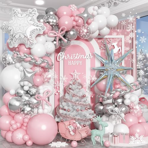 Christmas Balloon Garland Kit, Winter Wonderland Pink White Silver Balloon Arch Kit with Snowflake Star Foil Balloons for Winter Christmas Baby Its Cold Outside Baby Shower Birthday Party Decorations