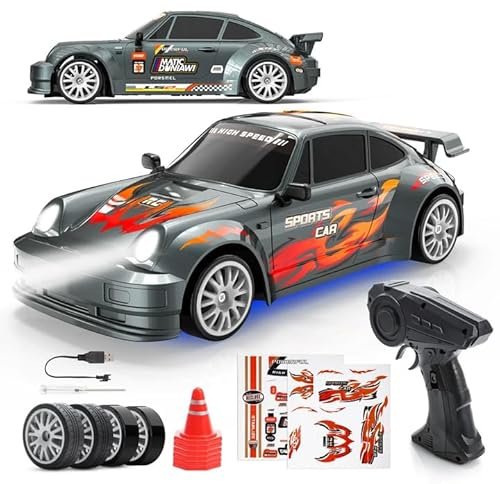 HappyGoLucky RC Drift Car, 1:24 4WD Remote Control Cars for Kids, Boys Outdoor Toys age 5-12 Year Old Gifts, 20KM/H 2-Speed Modes RC Toy Cars With LED Lights, 4 Extra Drifting Tires, 2 DIY Stickers