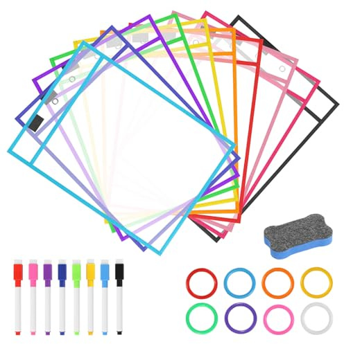 prota 27 PCS Dry Erase Pockets Set, Reusable Dry Erase Pockets Sleeves, Clear Dry Erase Sleeves Transparent Sheets Erasable Pockets with Bone Shape Eraser Pens Erase for School Home Office
