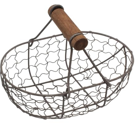 Cesta de alambre para huevos con mango de madera, 18 x 12 cm, cesta de metal para colección de huevos, cesta de almacenamiento vintage para frutas