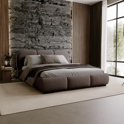 Chilly. Möbel Design Bett Savona - Polsterbett 140x200 mit Bettkasten, Lattenrost und Kopfteil – Eleganter Bouclé-Stoffbezug Braun