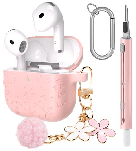 Seltureone Hülle für AirPods 4 mit Reinigungsset | Weiche Silikon-Schutzhülle Stoßfest mit Blumengravur & Kirschblüten-Schlüsselanhänger Case Cover für AirPods 4 – Rosa