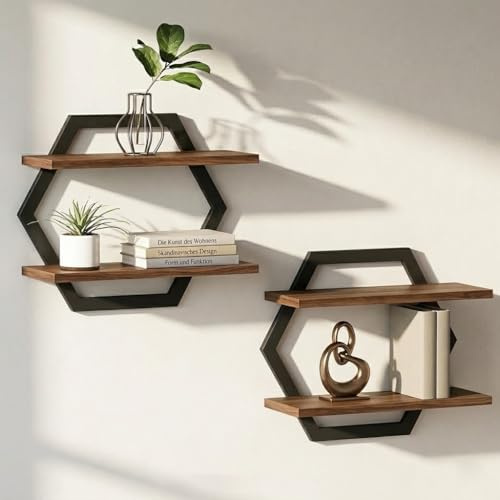 2er-Set Wandregal Holz und Metall,Schweberegal,Regalbrett,Dekorativ Regale für Wände,Hängeregale für Wohnzimmer,Schlafzimmer,Küche,Büro (Schwarz)