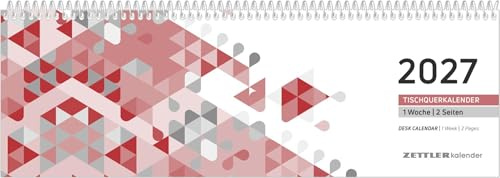Tischquerkalender 1W/2S rot 2027: Wochenkalender 30x10 cm mit 1 Woche auf 2 Seiten, 3-sprachigem Kalendarium, Spiralbindung & Stundeneinteilung 7-19 Uhr für Büro & Homeffice