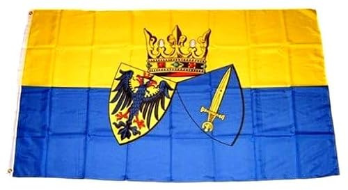 Essen Flagge mit Stadtwappen 90 x 150 cm | Blau-Gelbes Design, Adler & Schwert Motiv, Kronenmotiv, Beste Qualität, Fahne für Außen