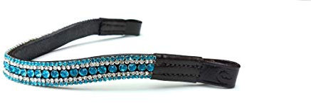 Equipride Pferde-Stirnband, -Stirnriemen, mit attraktiver Bogenform; glänzende, funkelnde Strasssteine, türkis, Black Leather, Pony 14