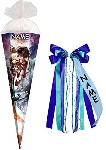 alles-meine.de GmbH Schultüte - Weltraum Astronaut - Space/Galactica - 50 cm - rund - incl. Name und individueller großer 3-D Effekt Schleife - mit Tüllabschluß - Zuckert..