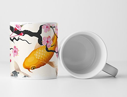 Eau Zone Fotokunst Tasse Geschenk Koi Karpfen Teich mit Kirschblüten