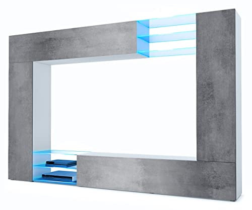 Vladon Meuble TV Mural Mirage, Ensemble étagère TV avec Panneau arrière et 2 Portes, 2 clapets et 6 étagères en Verre, Blanc Mat/Aspect Béton Foncé, éclairage LED Inclus (262 x 183 x 39 cm)
