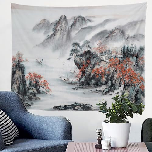 Batmerry Landschafts-Wandteppich, rosa Kirsche, chinesische Landschaft, Malerei, japanische Porzellanblüte, Picknickmatte, Hippie-Tapisserie, Wandkunst, 130 x 140 cm, Querformat