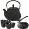 Teekanne asiatisch Gusseisen Set 0.8 Liter - kleine schwarze Gusskanne mit Henkel & Edelstahl Tee-Filter Sieb-Einsatz für losen Tee & 6 Teebecher (Tassen) & Stövchen &Deckelheber