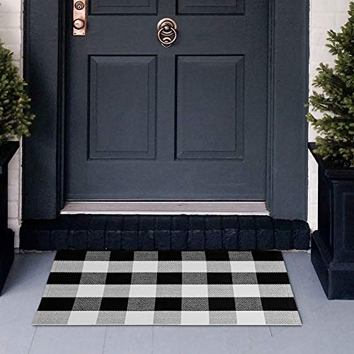 Schwarz-weißer Outdoor-Teppich Büffelkaro Teppich 60 x 130 cm Baumwolle Büffel Karo Teppich Waschbar Handgewebt Kariert Teppich für mehrlagige Türmatten/Küche/Badezimmer