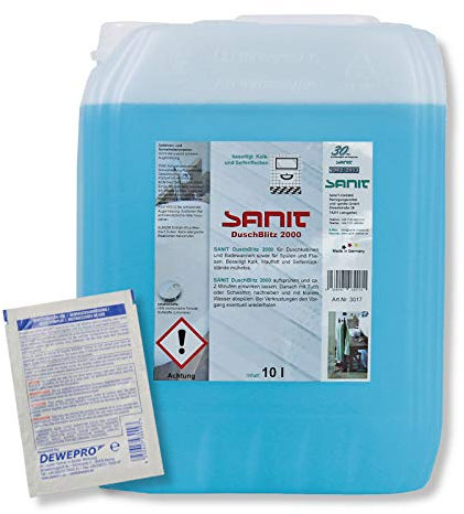 DEWEPRO-Set: SANIT DuschBlitz 2000 (3017) - Nachfüllkanister 10l - beseitigt mühelos Kalk, Fette und Seifenrückstände auf Fliesen, Duschen und Wannen, inkl. 1 St. DEWEPRO® Single Scrubs