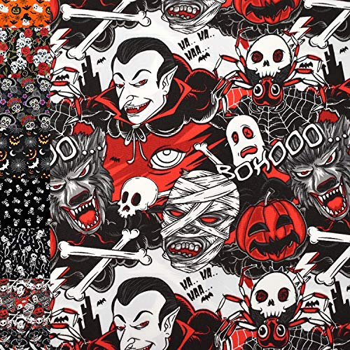 MAGAM-Stoffe Jack Baumwollstoff Popeline Halloween Piraten Skulls Meterware 50cm (Grusel Comic Rot)